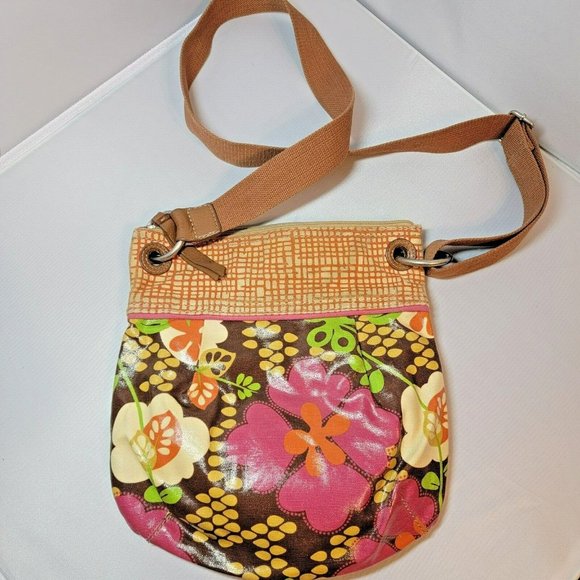 Fossil Multicolor Zip Bucket Purse Medium Large Floral Flower Crossbody Shoulder - Picture 3 of 9